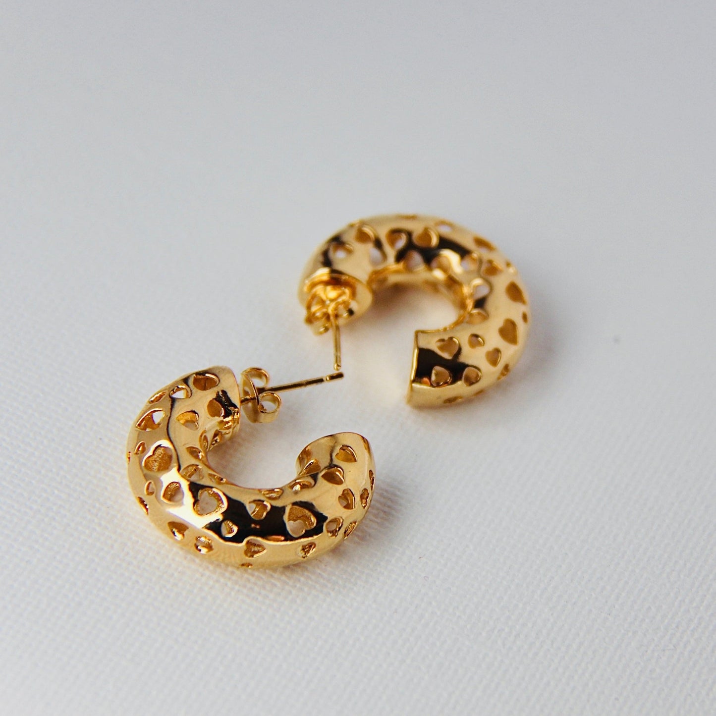 gold filled small size hoops with hearts front look